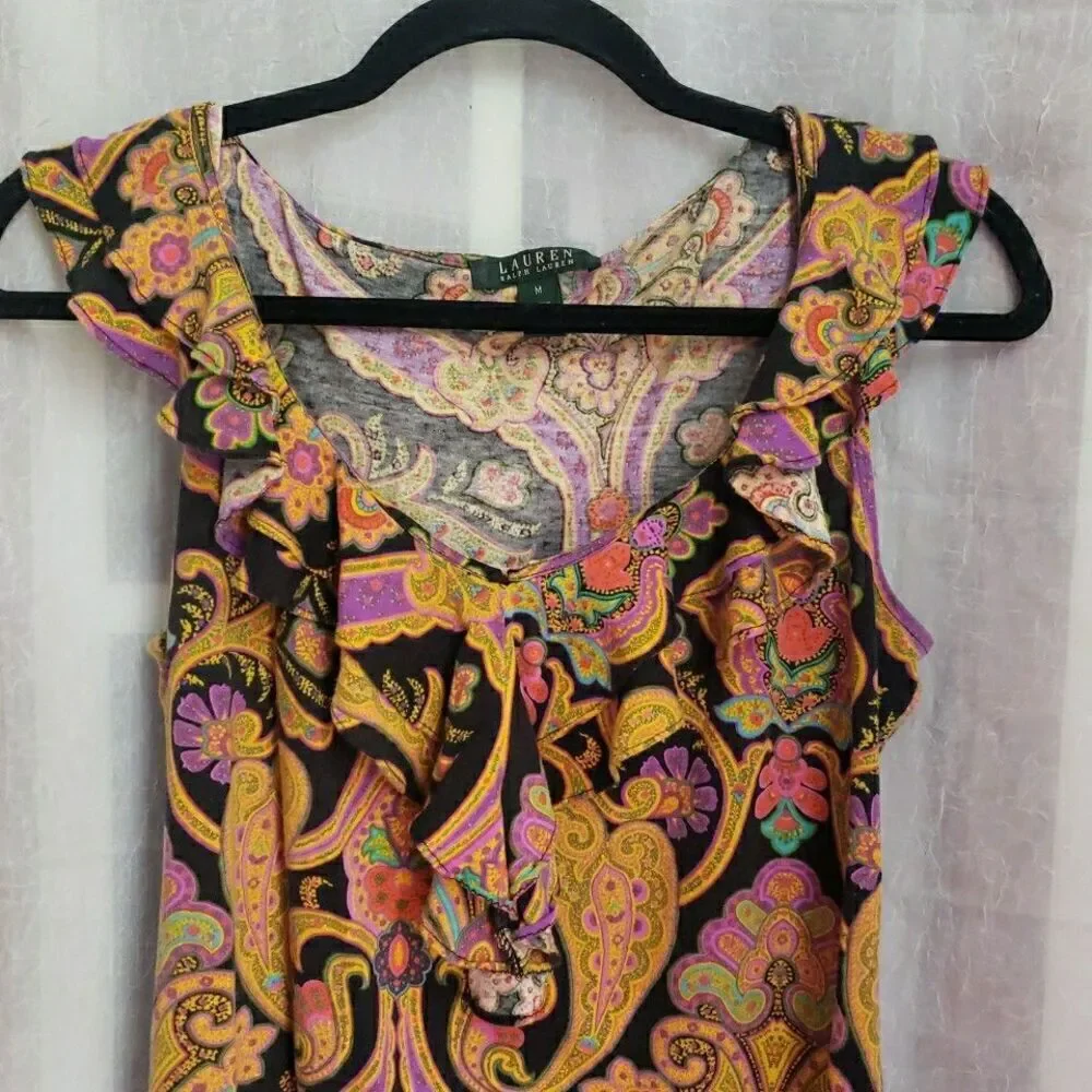 Ralph Lauren Colorful Paisley Sleeveless Top Drape Neck Cotton M - Picture 3 of 10